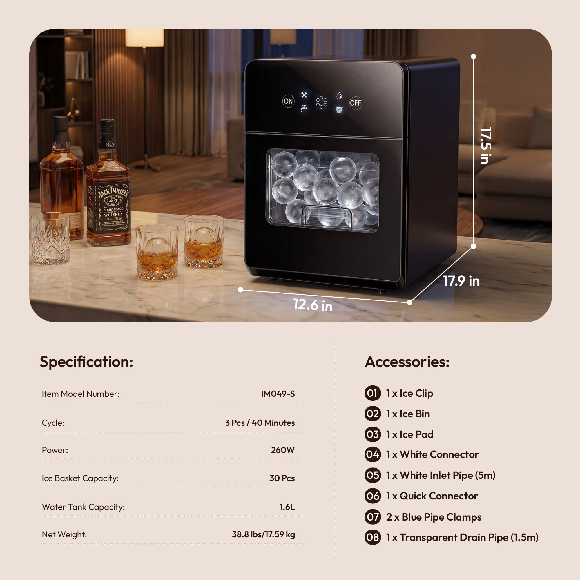 Simzlife Sphere Ice Machine, 108 Pcs/Day, 2.4" Crystal Clear Ice Ball Maker with Self-Cleaning & Timer, Large Capacity Ice Maker for Home Bar, Whiskey & Cocktails
