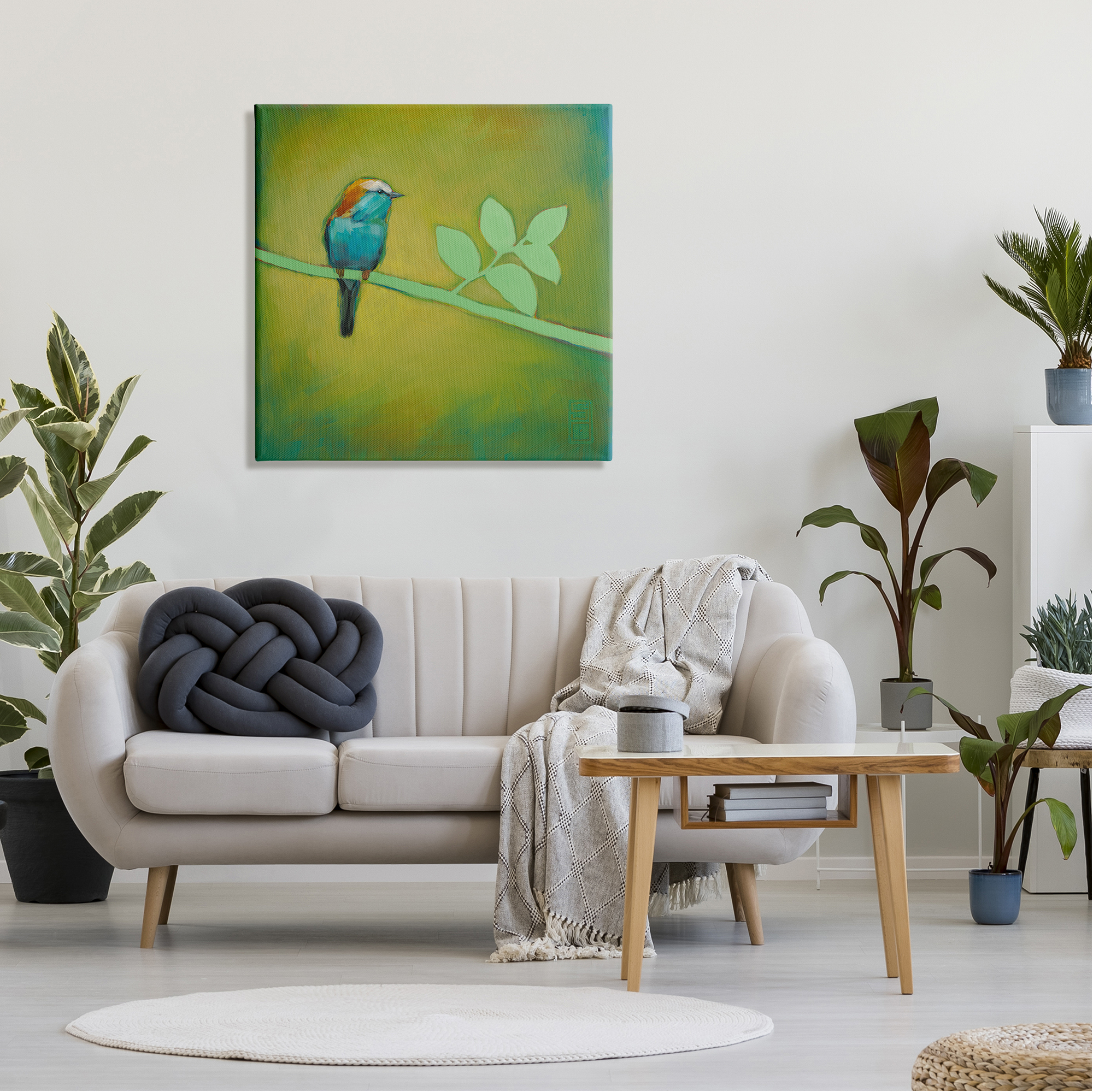 Stupell Industries Bird on Green Branch Animals & Insects Painting Gallery Wrapped Canvas Print Wall Art, 30 x 30