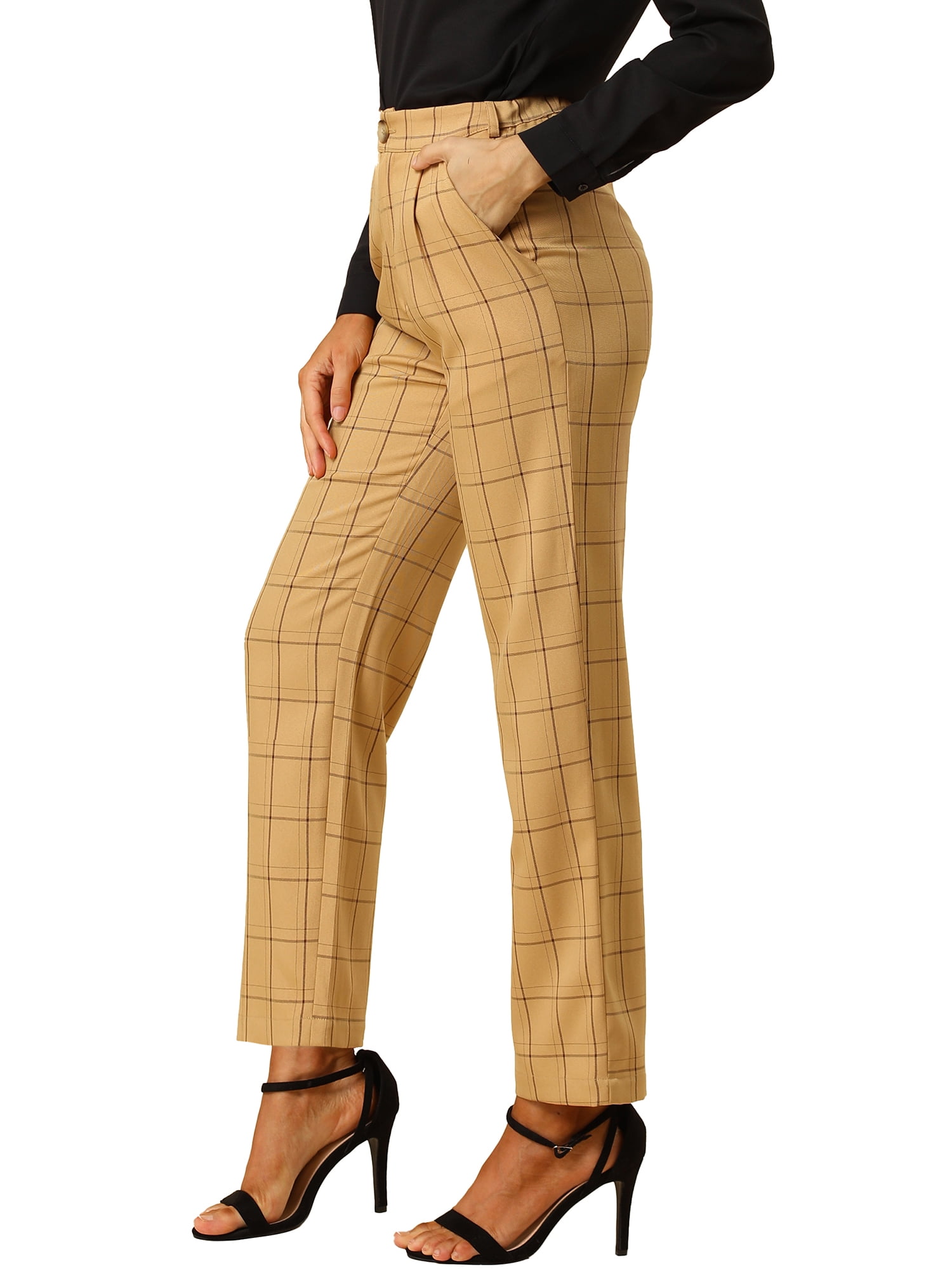 DARING DIVA Women's Plaid Trousers Pockets Straight Leg Casual Pant L Dark Khaki