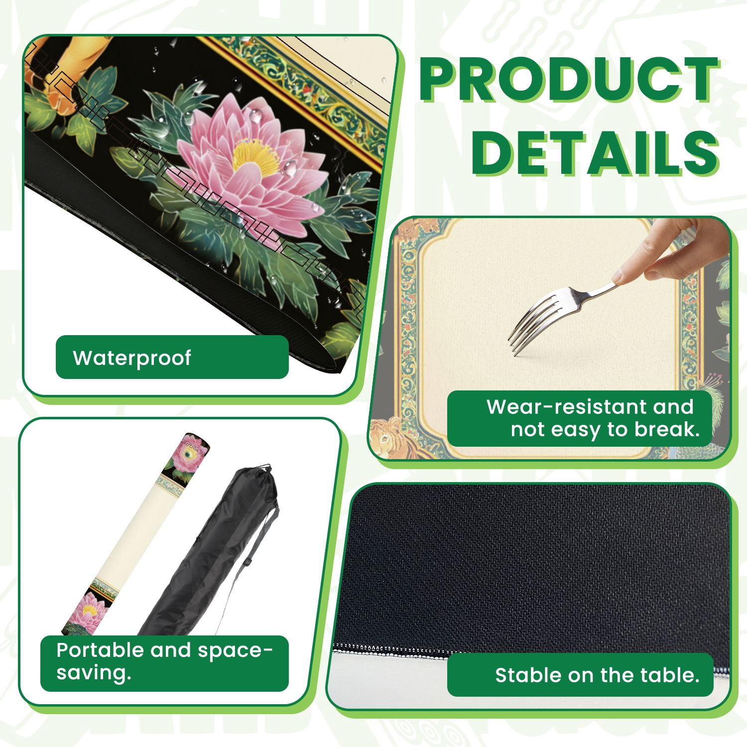 Mahjong Mat 31.5" x 31.5" Ornamental Tiger Leopard Peacock Pink Peonies Green Foliage Black Non-Slip Noise Reduction American Mahjong Tiles Table Cover for Dominoes Poker Card Board Games Gift