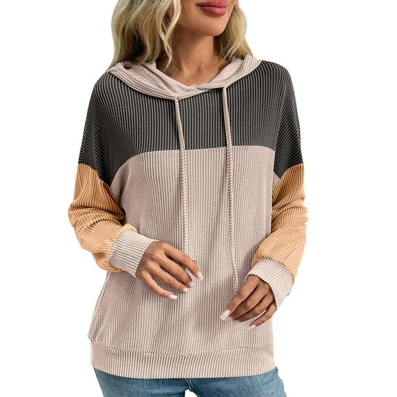 Riecok Hoodies for Women Hooded Drawstring Tops Color Block Ribbed Long Sleeve Blouses Soft Warm Clothes
