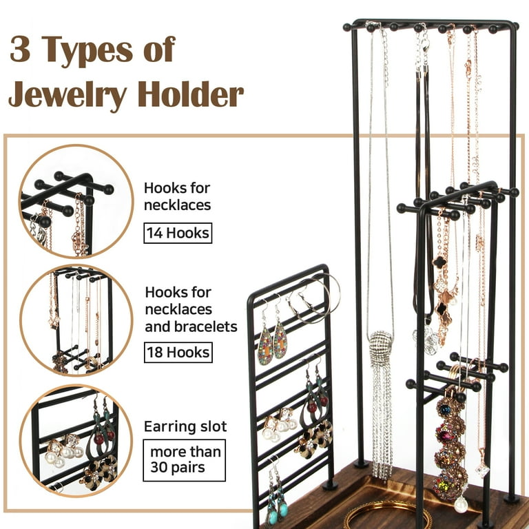 J JACKCUBE DESIGN Jewelry Organizer Necklace Holder with 23 Hooks, Wall  Mounted Necklaces Bracelet Earrings Ring Holder Hanger with Shelf (Brown