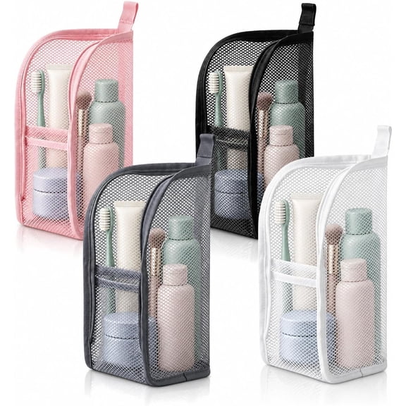 4 Pack Standing Mesh Travel Toiletry Bag, Portable Lightweight Cosmetic Organizer, Waterproof Multi-Pocket Makeup Storage Pouch for Bathroom