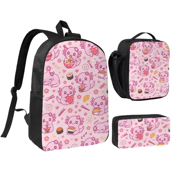 Cute Axolotl Backpack Set 3pc Including Backpack, Lunch Bag and Pen Bag Combination