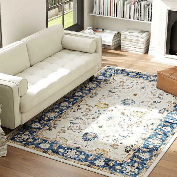 Resenkos 5x7 Machine Washable Area Rug - Non-Slip Boho Floral Print Carpet for Living Room, Bedroom, Dining Room, Blue