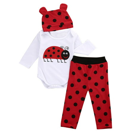 Newborn Infants Baby Boys Girl Cartoon Romper Jumpsuit Bodysuit + Long Pants Hats Outfits Set Ladybug 0-6 Months