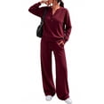 thumbnail image 2 of Mfakffe Womens 2‑Piece Tracksuit Set Henley Long Sleeve Top & Drawstring Wide Leg Pants Loose Soft Matching Loungewear Outfit, 2 of 5
