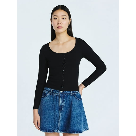 Scoop Women’s Lace Trim Scoop Neck Ribbed Tee with Long Sleeves, Sizes XS-XXL