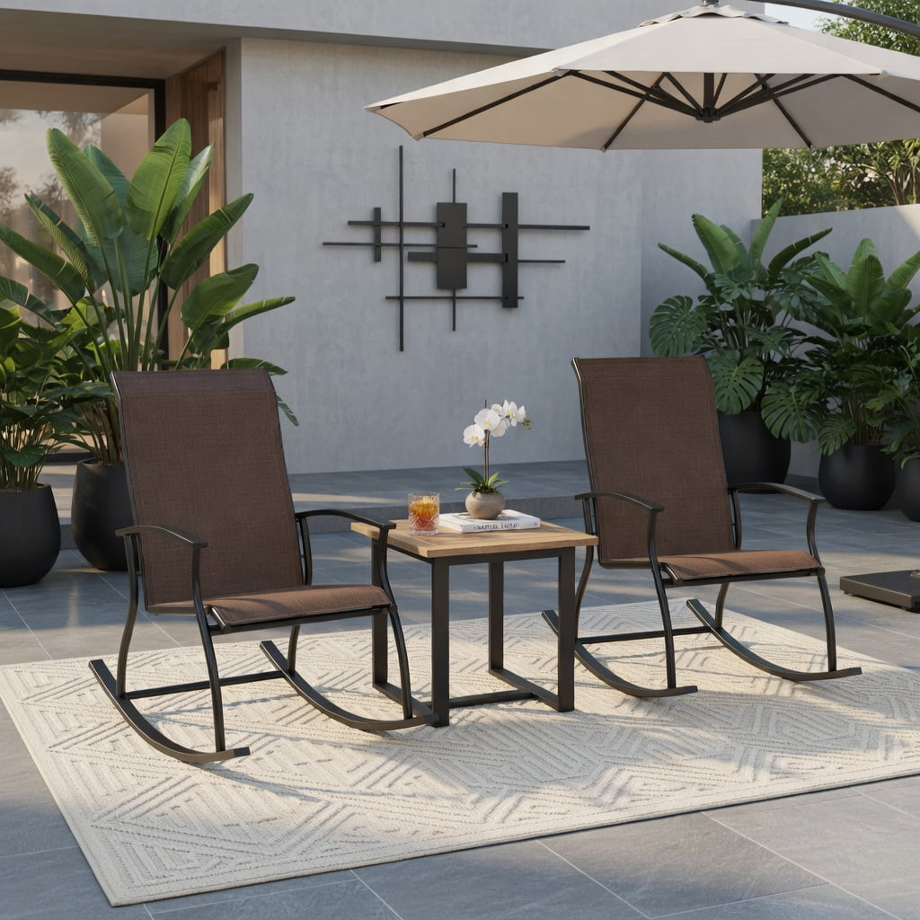 Hommoo 2-Pack Outdoor Rocking Chairs, Breathable Fabric Seat, Rust-Resistant Metal Frame, Ergonomic Back Support, Brown