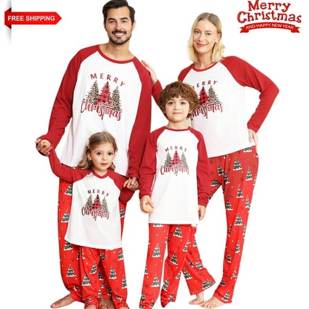

Christmas Pajamas For Family Tree Letters Print Raglan Long Sleeve Tops and Casual Pants Sleepwear