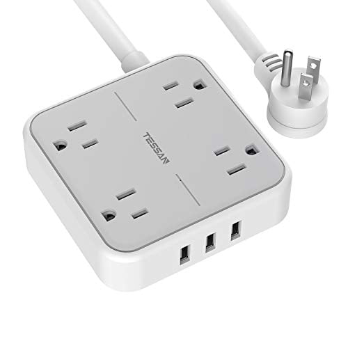 Flat Plug Power Strip with Long Extension Cord,4 Widely Spaced Outlets 3 USB 
