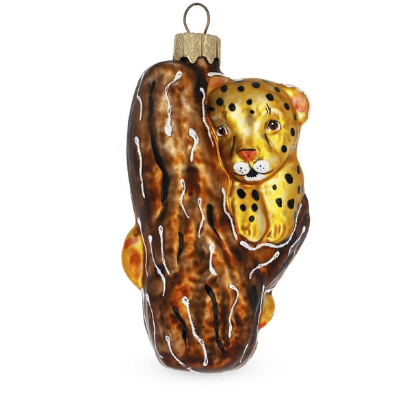 Spotted Leopard Cub Climbing Tree Glass Christmas Ornament