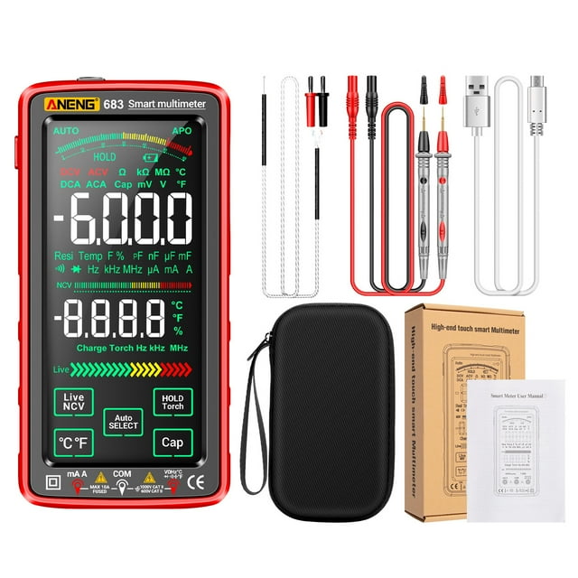 ANENG 683 6000 Counts Large Touch Screen Digital Multimeter Smart -burn Rechargeable Universal Meter VA Reverse Display NCV Tester with Flashlight for Voltage Current Resistance Capacitance Red