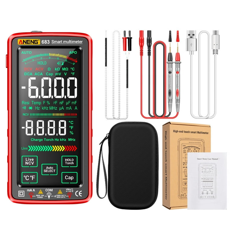 Aneng 683 6000 Counts Large Touch Screen Digital Multimeter Smart -burn Rechargeable Universal Meter VA Reverse Display NCV Tester with Flashlight for