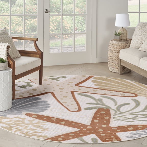 Nourison Aloha Indoor/Outdoor Ivory Multicolor 7’10” x Round Area Rug (8 Round)