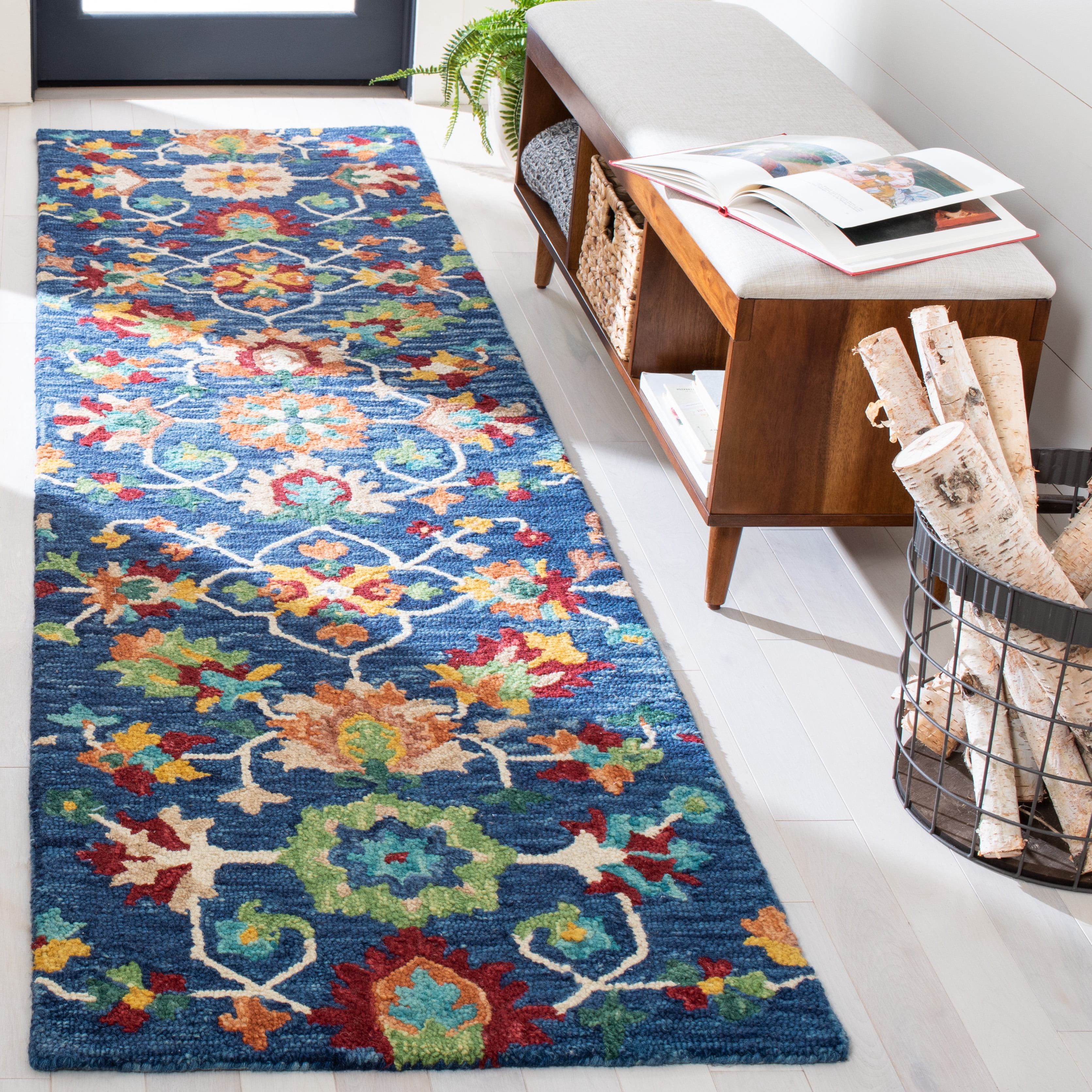 SAFAVIEH Aspen Magdalena Floral Bordered Wool Runner Rug, Navy/Red, 2'3" x 9'