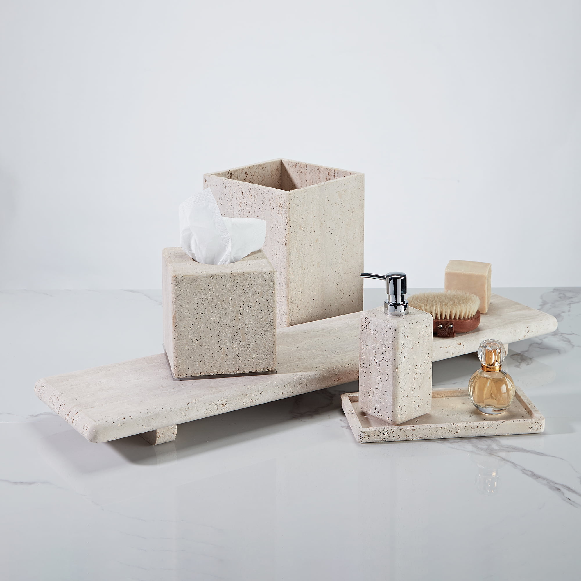 Sturdy Rectangle Travertine Wasetbasket 7.48 Inch W x 7.48 Inch D x 10 Inch H, Organic Trash Can, Natural Garbage Bin, Trash Bin for Bathroom, Home Office