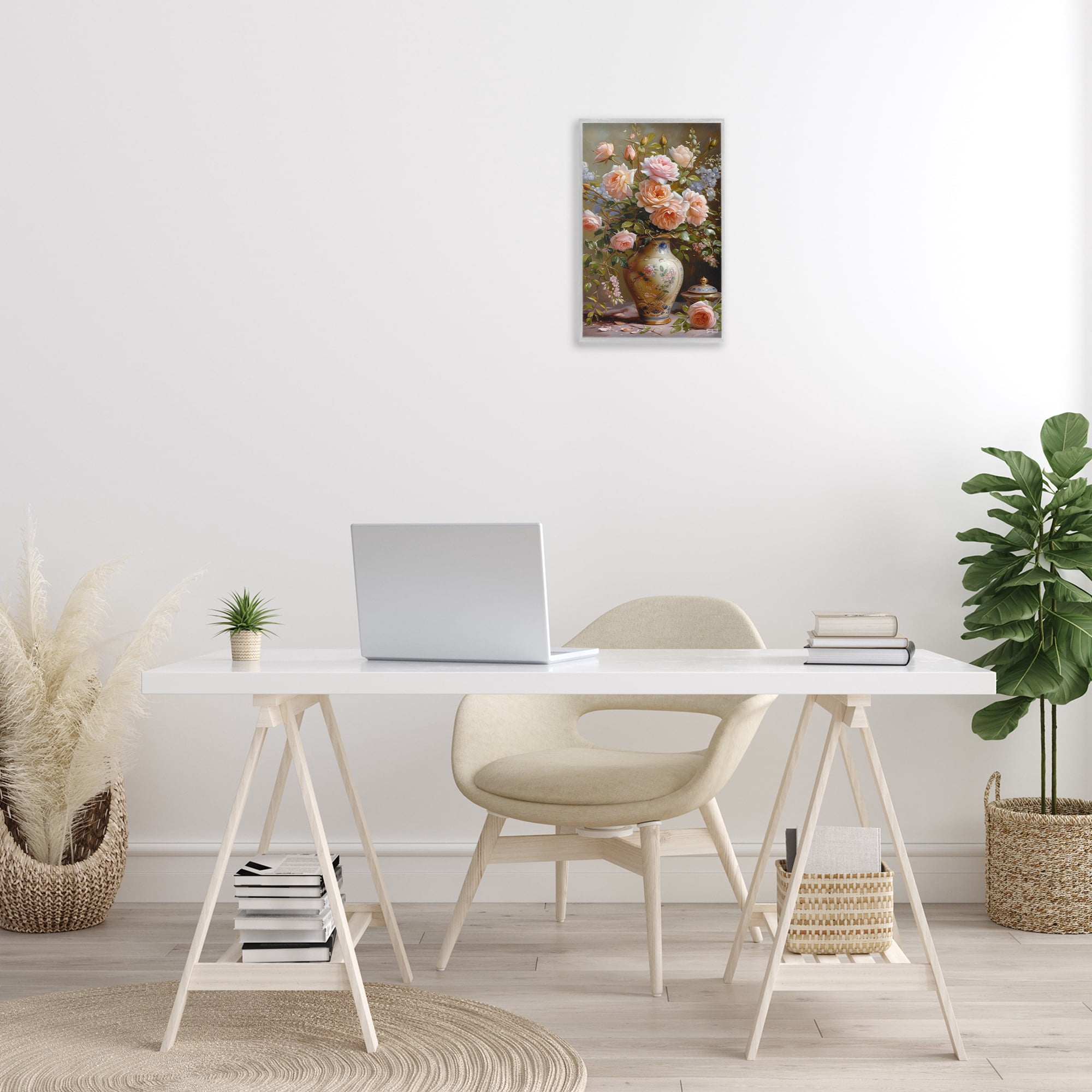 Stupell Industries Roses in Traditional Vase Botanical & Floral Painting Gray Framed Art Print Wall Art, 12 x 18