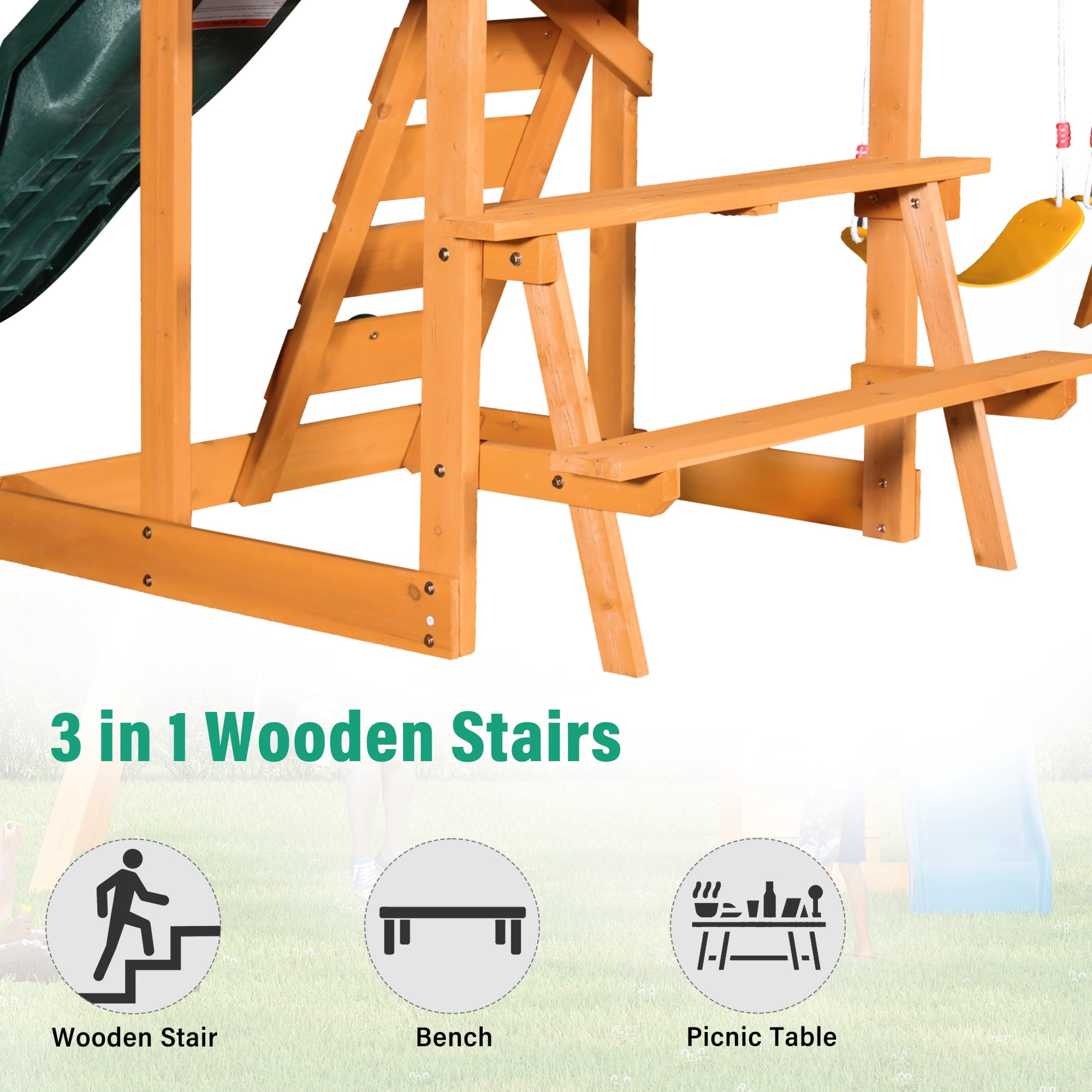 Wooden Outdoor Swing Set, SHINPT All-in-One Kids Outdoor Play Equipment for Kids Age 3-12 with Wave Slide, 2 Swings, Climbing Wall, Canopy Roof and Ladder, Kids Playground for Backyard, Garden, Park