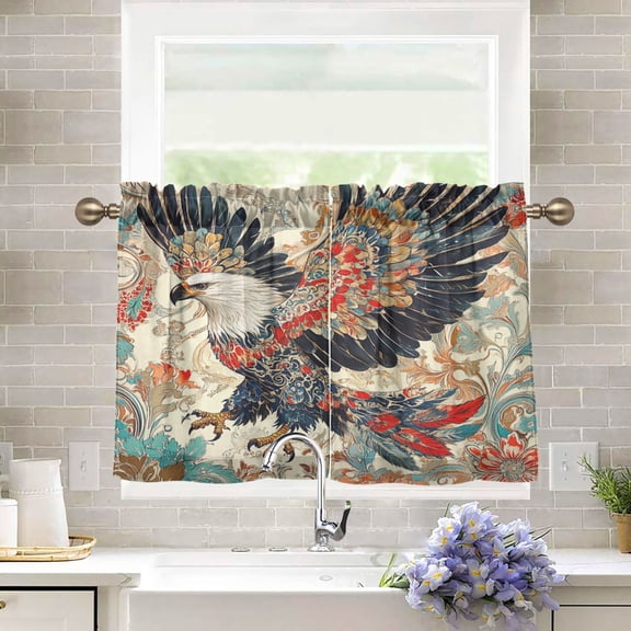 BZSMCE Set of 2 Pieces Kitchen Window Curtain Fashion Ornate Eagless Painting Printed 27x24in/27x36in