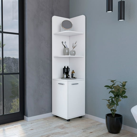 MMTX Corner Shelf with Cabinet, 3-Tier Shelf, Metal Handles