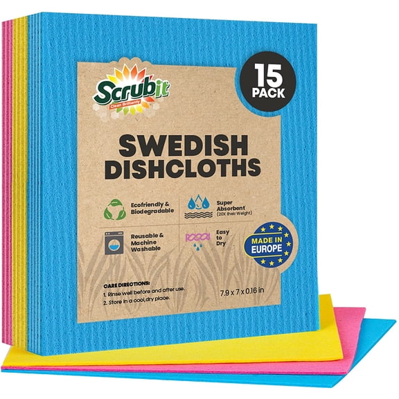 15 Pack SCRUBIT Swedish Dish Cloths - Reusable Kitchen Clothes - Ultra Absorbent Dish Towels for Kitchen, Washing Dishes, and More - Cellulose Sponges Cloth (Assorted Colors)