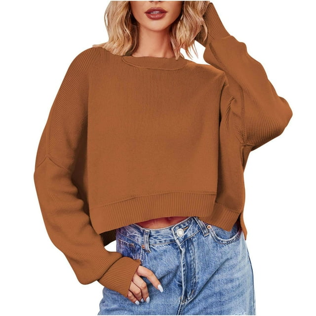 Timegard Womens Sweaters Cropped Drop Shoulder Crewneck Pullover Fall Casual Long Sleeve Comfy Tops