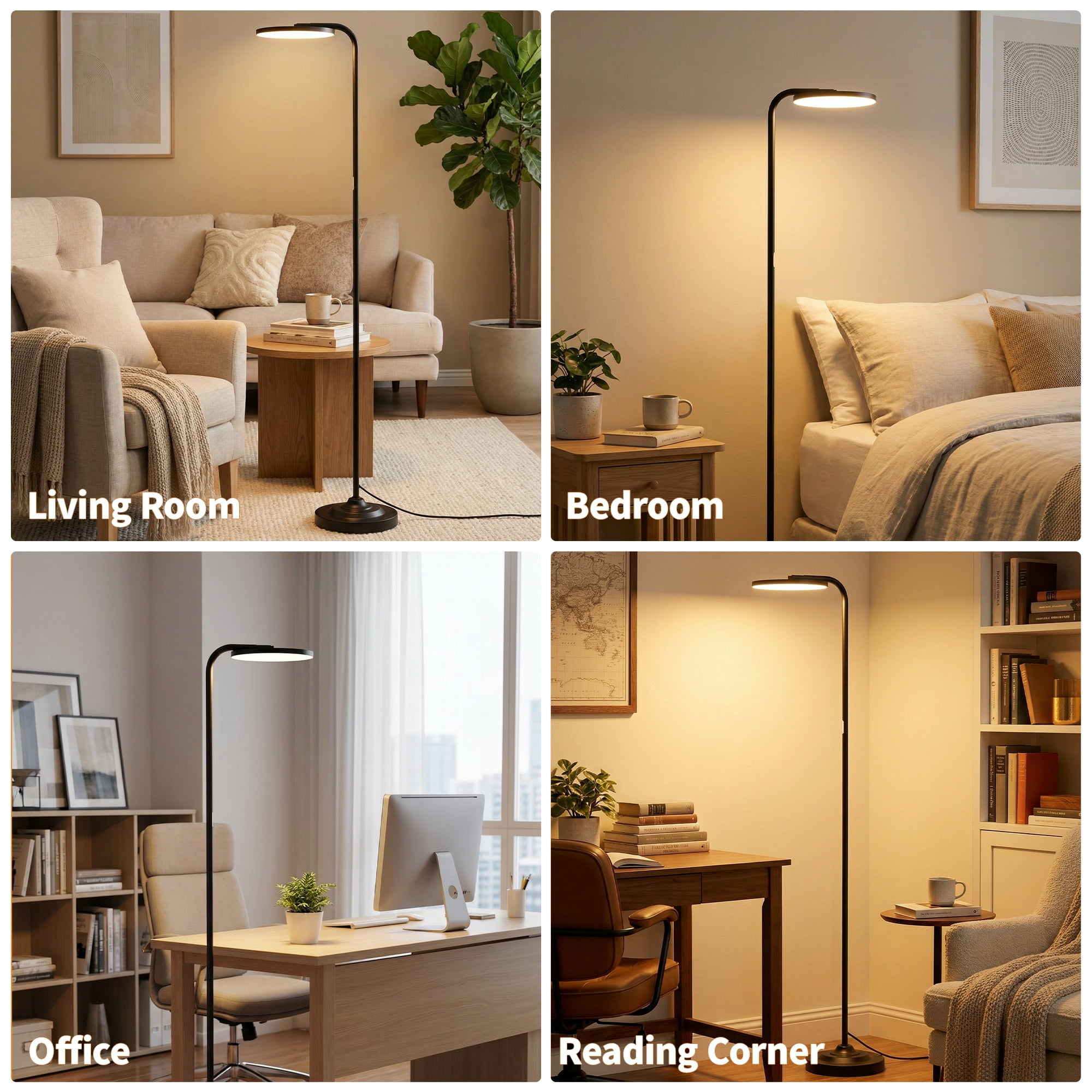 BedLuxury 36W Super Bright Torchiere Floor Lamp, Stepless Dimmable Tall Standing Lamp with Remote Control for Living Room, Bedroom, Office, Black
