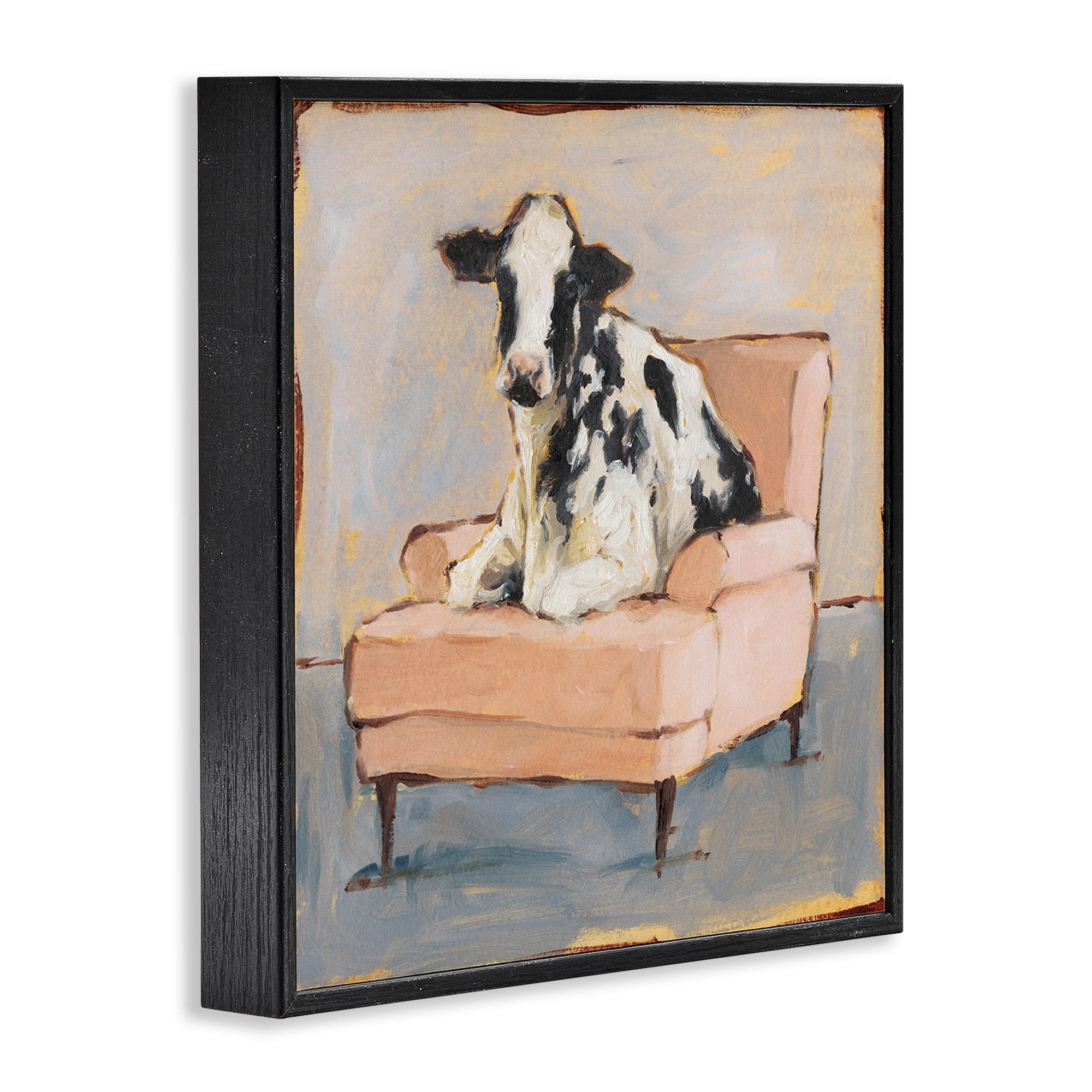 Sweet Baby Calf on a Pink Couch Neutral Color Painting Animals & Insects Framed Art Print Wall Art, 17x17