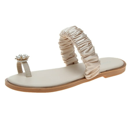 

ZMHEGW Women Sandals Ladies Girls Pearl Set Toe Elastic Sandals Flat Strap Casual Home Sandals Beach Slippers Shoes For Womens
