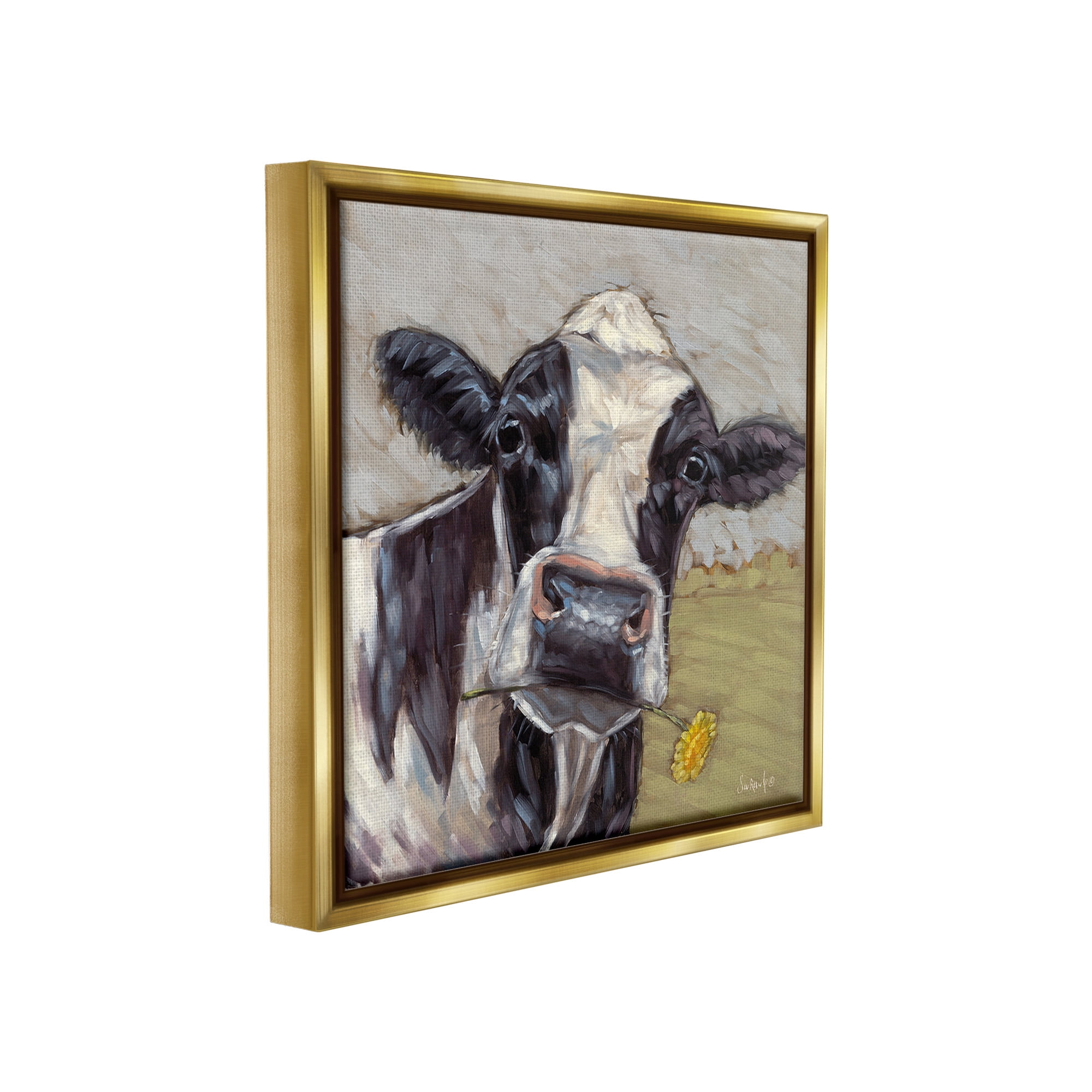 Stupell Industries Cow with Yellow Daisy Animals & Insects Painting Gold Floater Framed Canvas Art Print Wall Art, 25 x 25