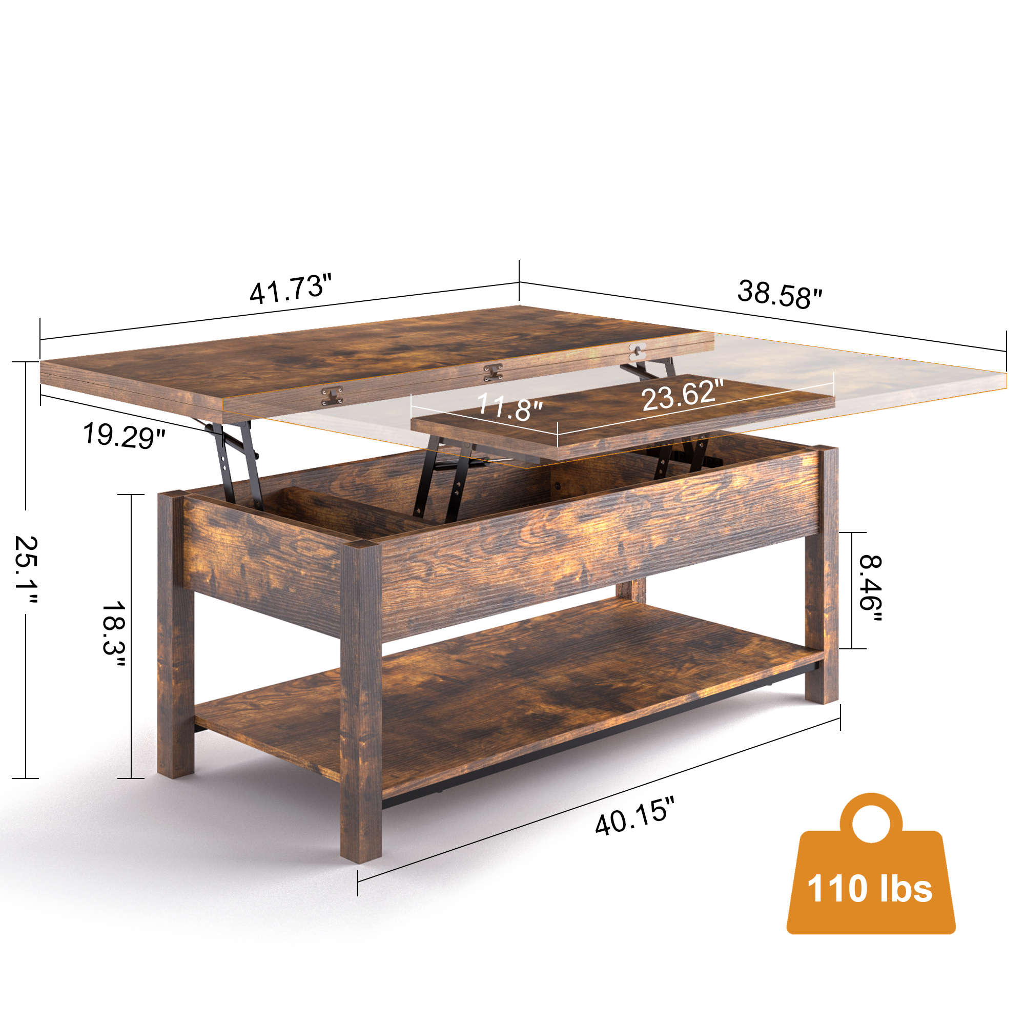 GUNAITO 41.73"Lift Top Coffee Table 4 in 1 Multi-Function Convertible Coffee Table with Hidden Storage Framhouse Coffee Table for Living Room Rustic Brown - image 5 of 8