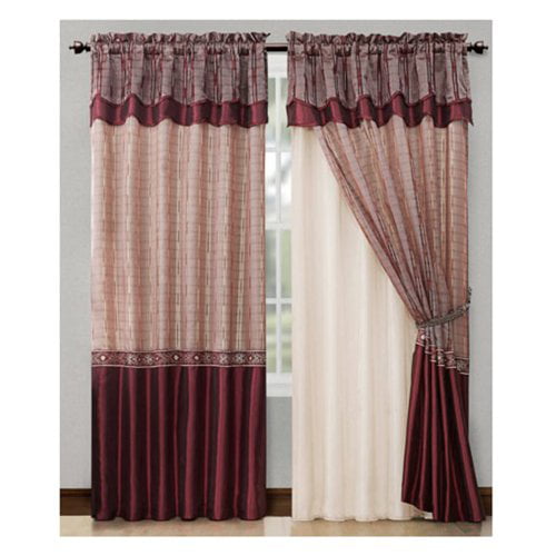 4-Pc Quilted Floral Embroidery Curtain Set Burgundy Brown Silver Valance Drape 