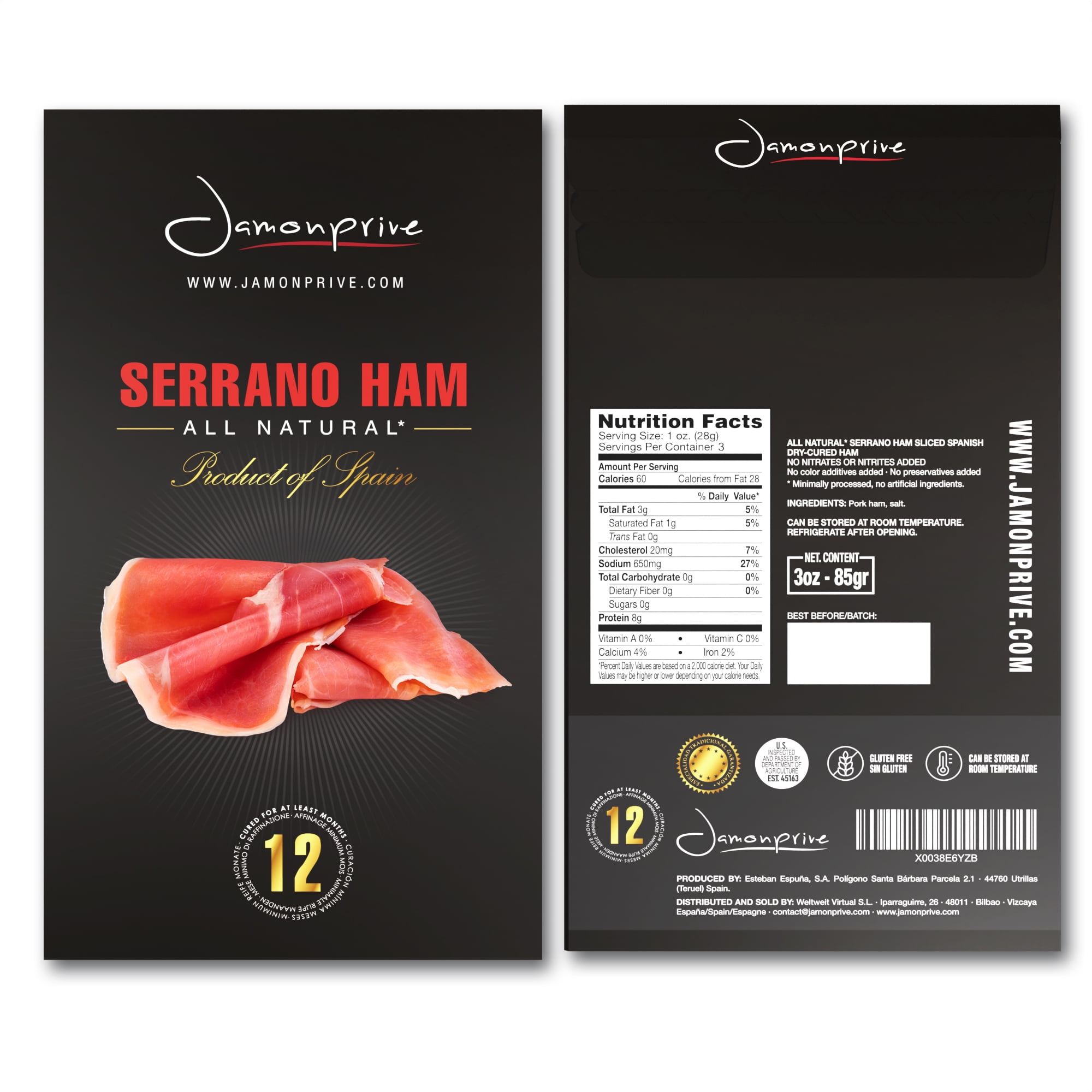 Spanish Serrano Ham Sliced Dry-Cured (3oz) - Pork Ham Jamonprive (3 oz Each, Pack of 1 Unit)