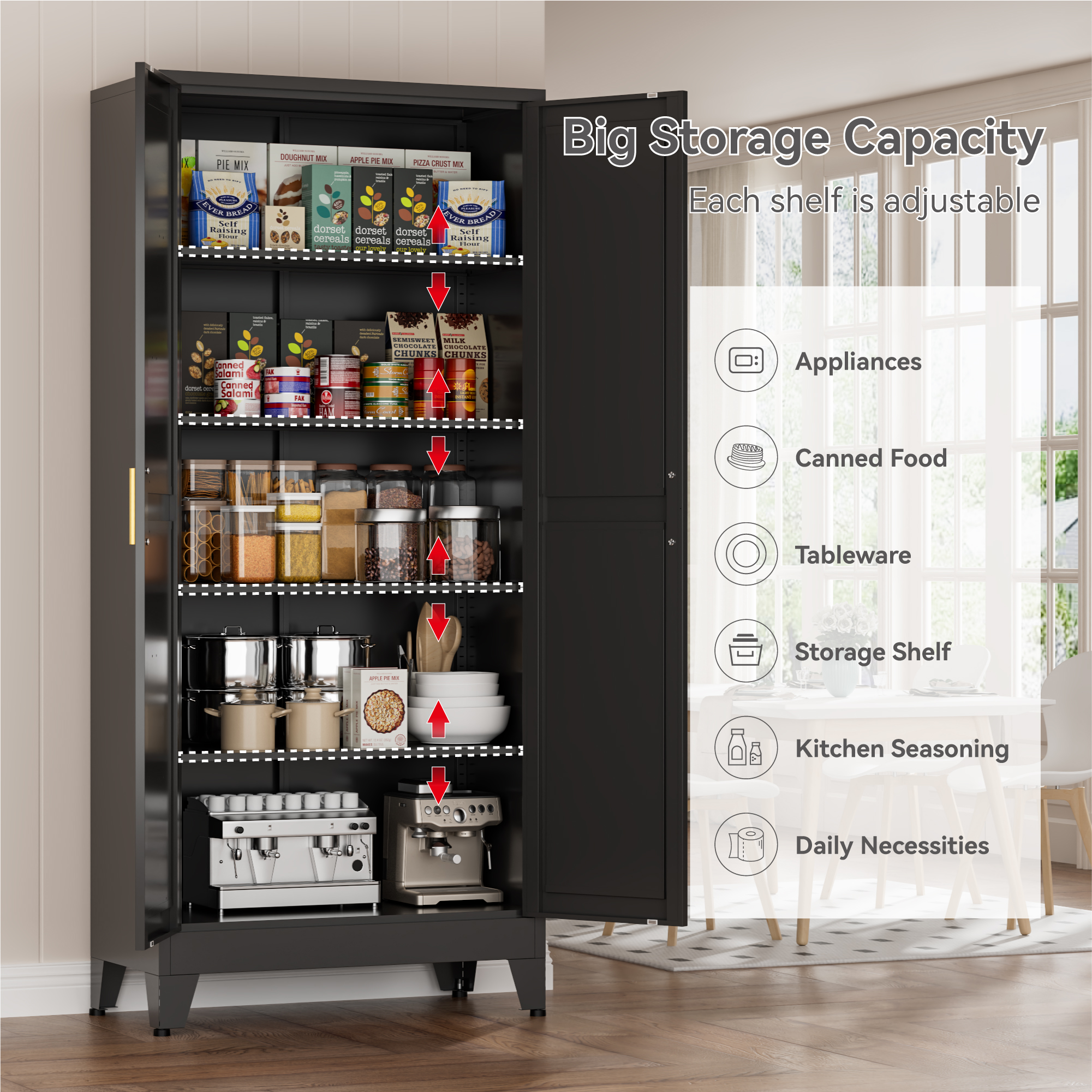 CHSHIN Metal Kitchen Pantry Cabinet,71" Black Farmhouse Storage Cabinet with 2 Vintage Barn Doors and 4 Adjustable Shelves, Rustic Freestanding Cupboard for Kitchen