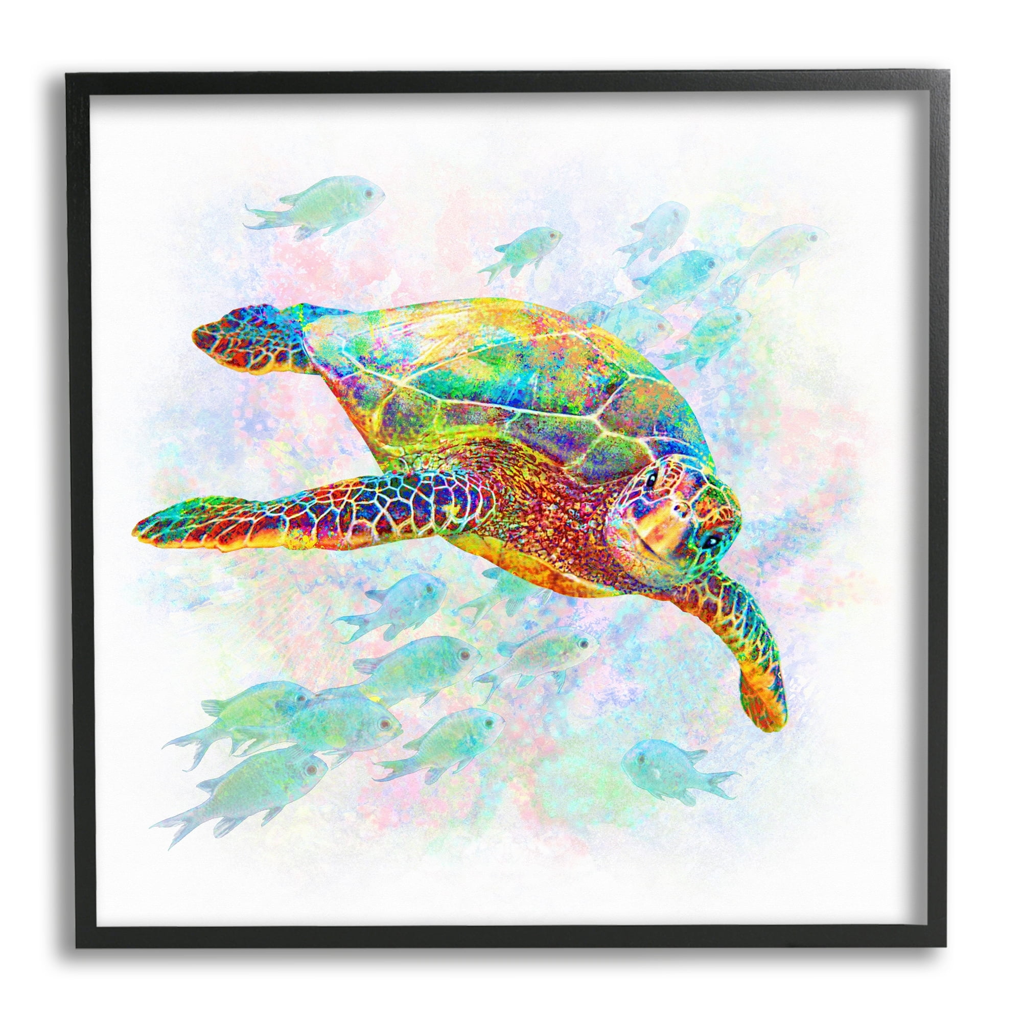 Stupell Industries Kaleidoscopic Sea Turtle Speckled Rainbow Fish Swimming Graphic Art Gray Framed Art Print Wall Art, Design by Michael Shelton
