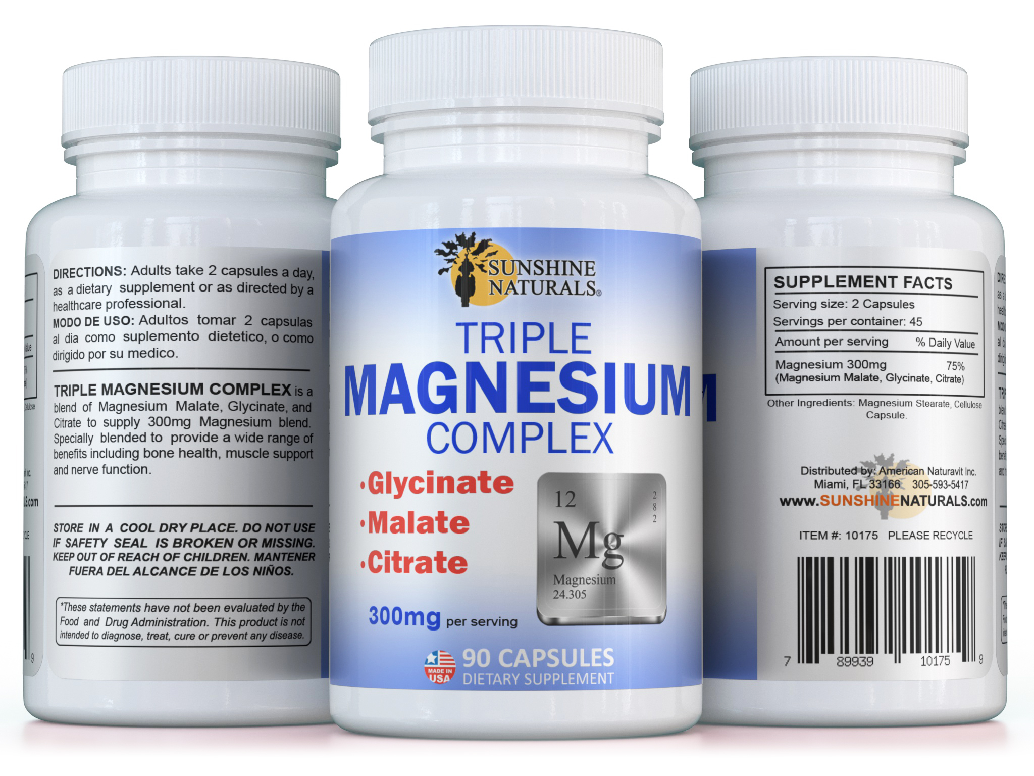 Sunshine Naturals Triple Magnesium Glycinate, Malate, Citrate Complex Dietary Supplement, 3 Pack, 270 Count