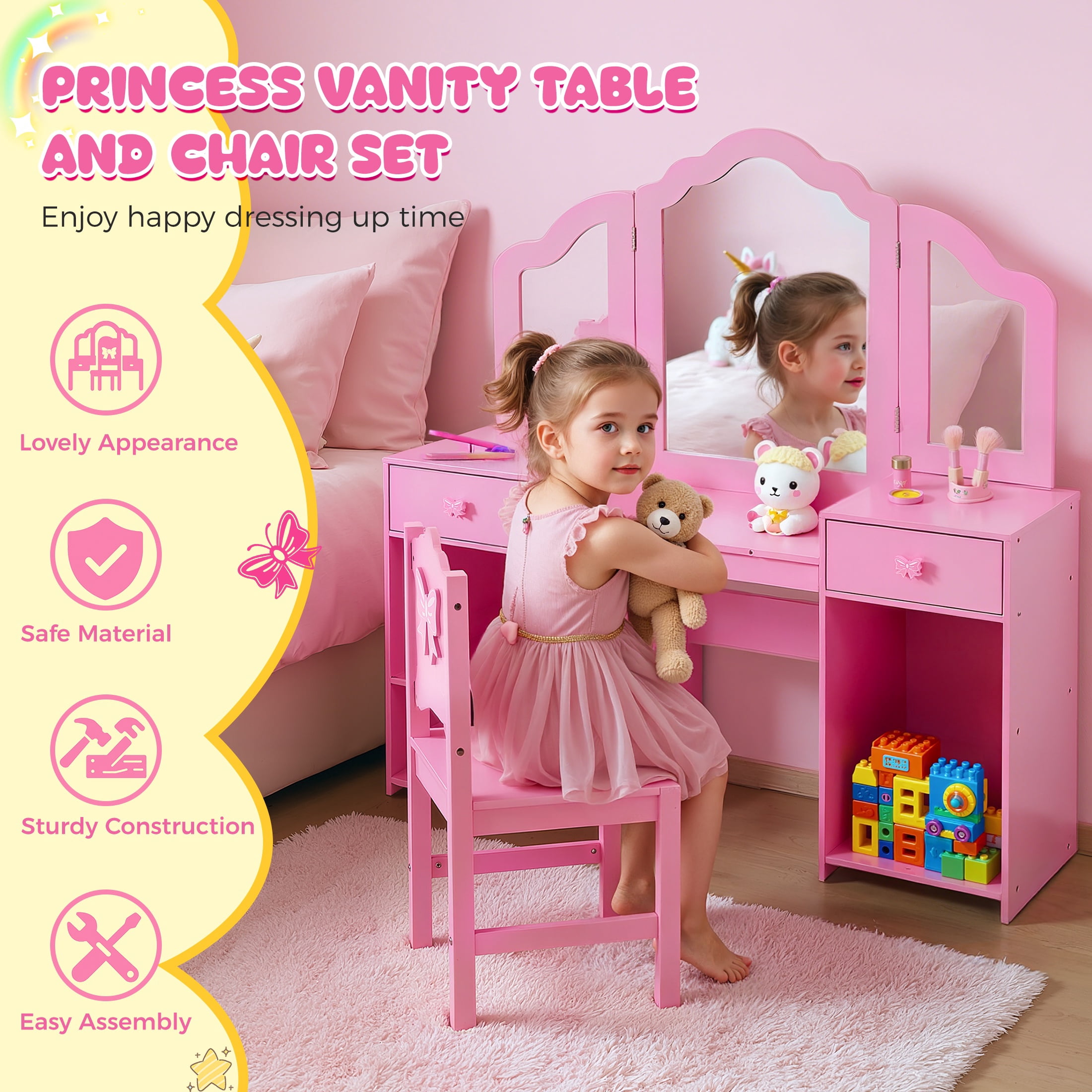 iYofe Girls Vanity Set with Mirror and Stool, Kids Vanity Table and Chair Set, Convertible Writing Desk for Girls Ages 3-9, Pink