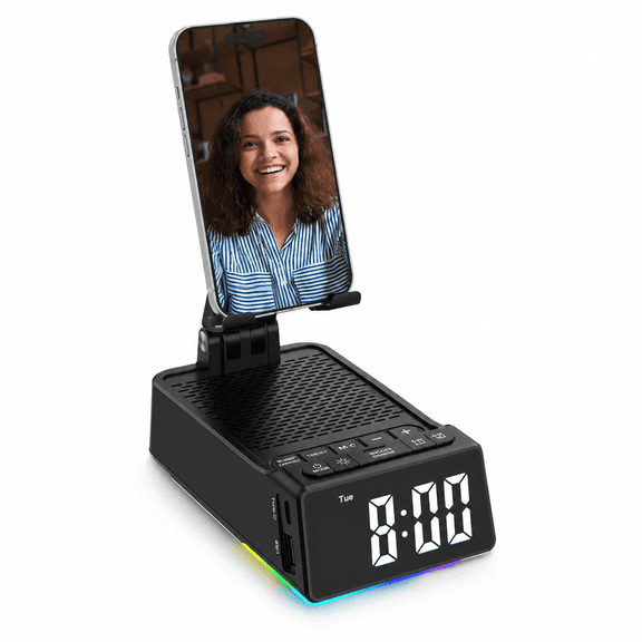 JDMEOPD Cell Phone Stand with Bluetooth Speaker and Alarm Clock, 7-in-1 Phone Holder with LED Clock, RGB Light, USB-C Charging