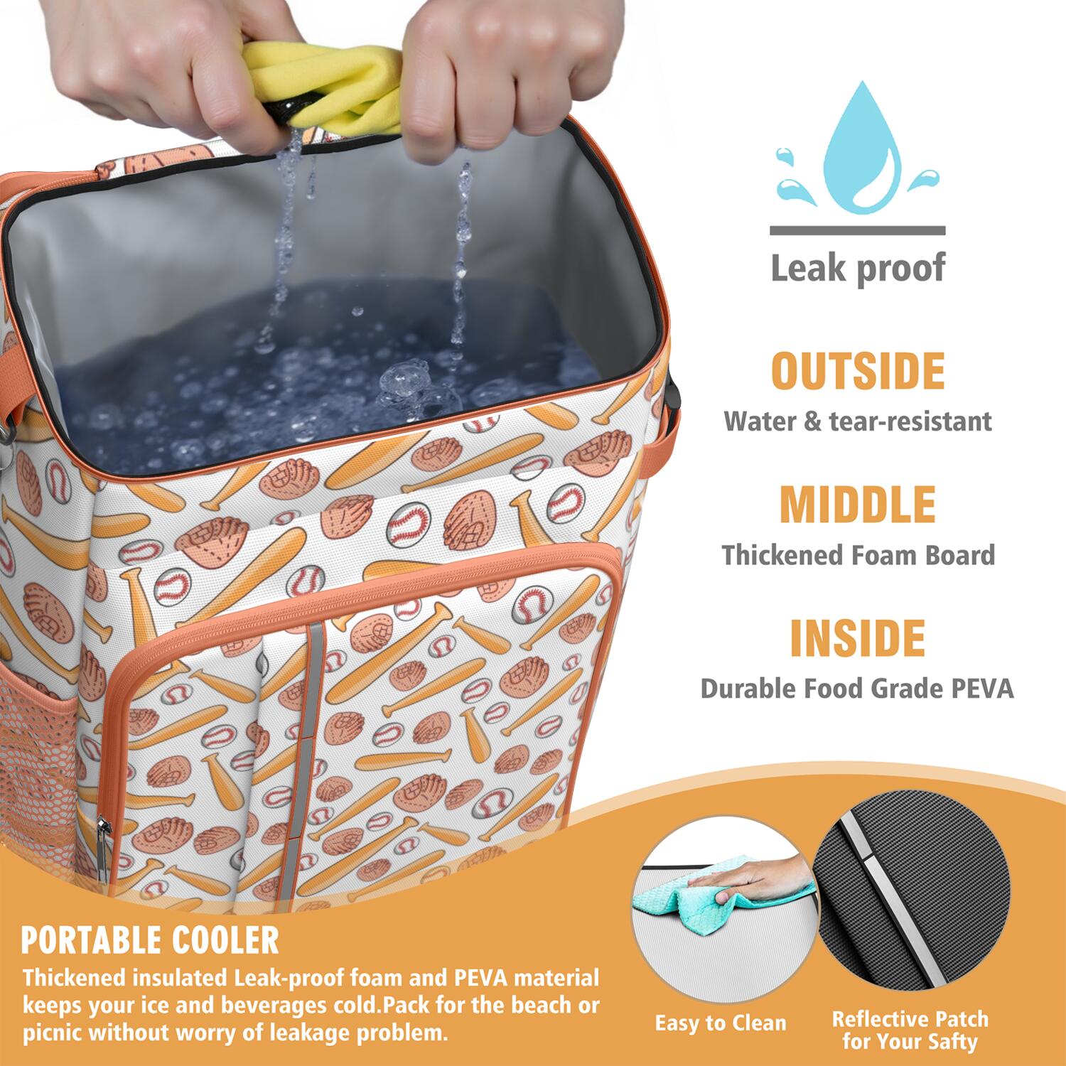 Travel Cooler Bag - White Orange Baseball Gear Pattern Camping Beer Cooler Backpack with Bottle Opener- Waterproof Insulated Picnic Backpacks - Cooler Bag for Beach