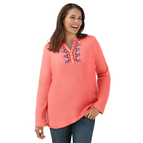 Woman Within Plus Size Embroidered Thermal Henley Tee