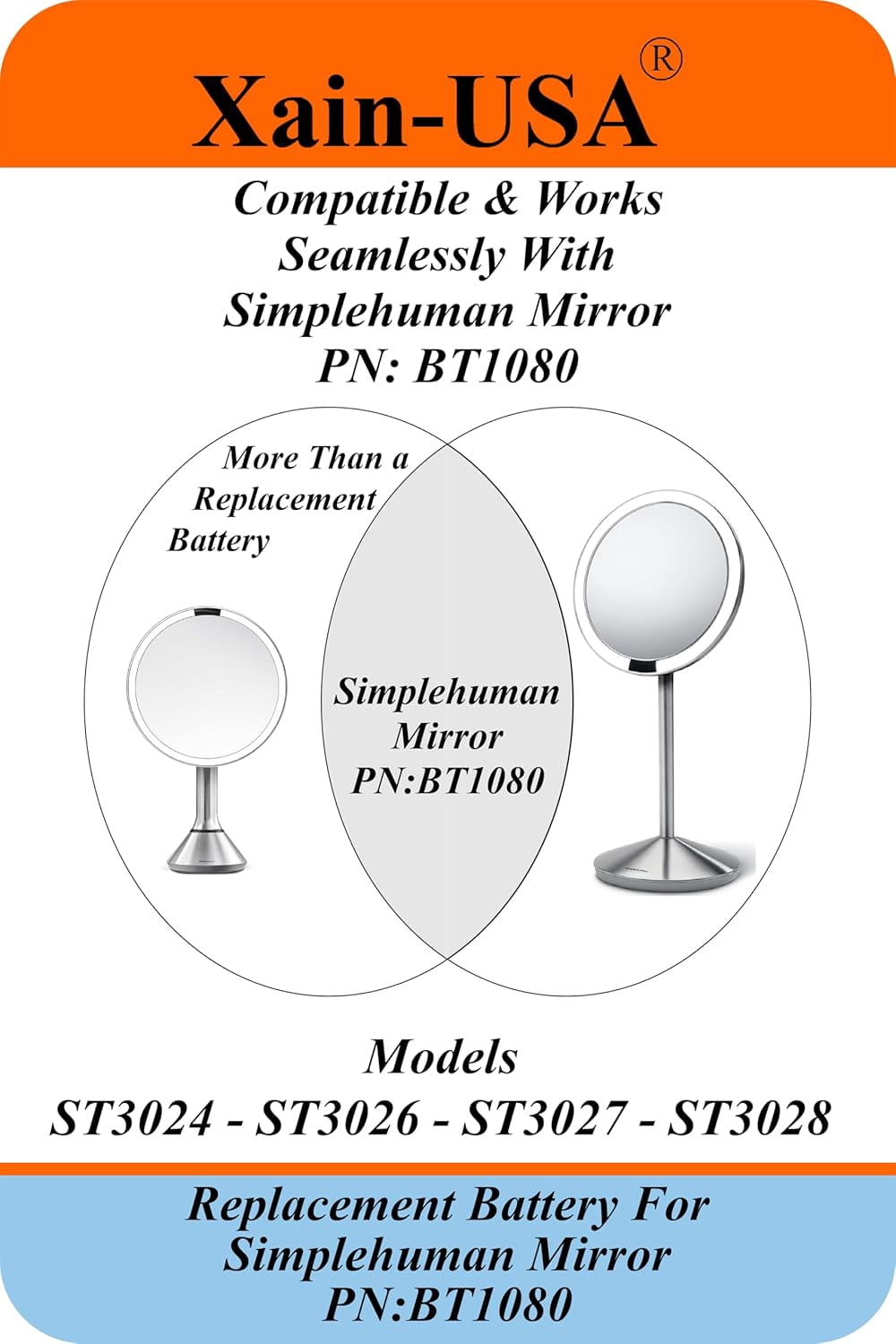 Replacement Battery PN: BT1080 for Simplehuman Mirrors (ST3024 ST3026 ST3027 ST3028), 3.7V 6600mAh, (Please) Verify Part Number (Found Under Your Mirror) Before Purchase, Thank You.