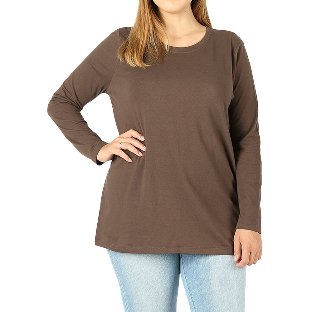 Zenana Women And Plus Basic Round Crew Neck Long Sleeve Stretch Cotton Spandex T Shirts Brown