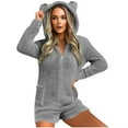 thumbnail image 4 of ZyeKqe Short Rompers for Women Warm Fuzzy Fleece Sherpa Hooded Jumpsuits Cute Bear Onesie Zipper Plush Sleepwear, 4 of 9