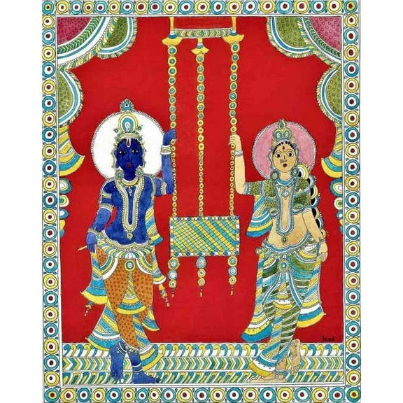 RADHA KRISHNA 1, KALAMKARI PAINTING, HAND PAINTED, WATERCOLOUR AND INK ON PAPER.
