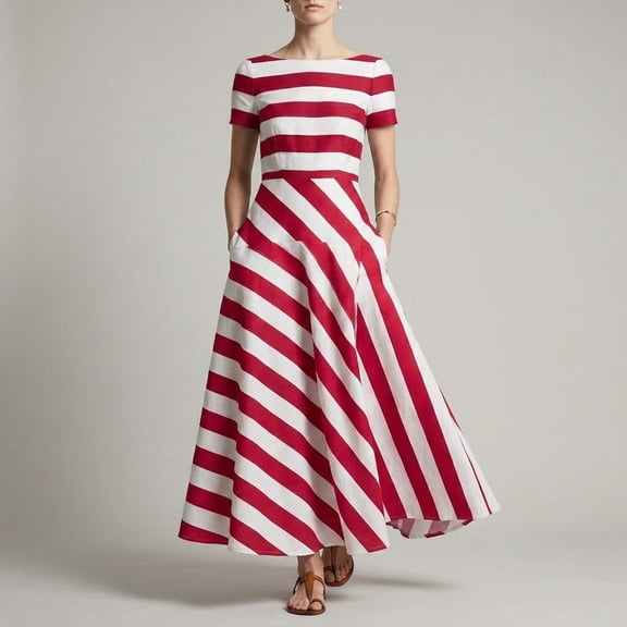 Dress for Women Solid Color Block Striped Short Sleeve Long Dress with Pockets Soft Breathable Slim Casual Outfit for Daily Party All Day Wear