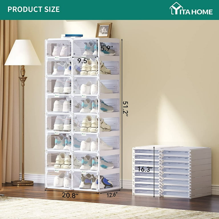 YITAHOME Shoe Storage Organizer, Foldable Shoe Box with Doors, 2-16 Grid  Stackable Transparent Shoe Cabinet Installation-Free for Hallway, Living