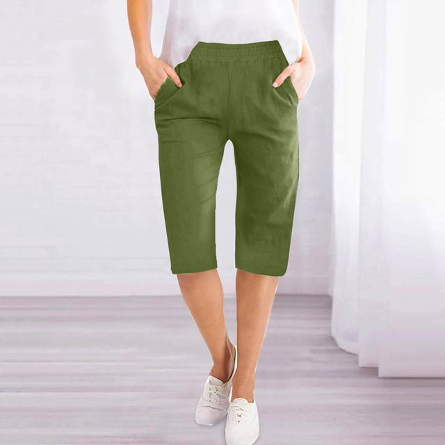 Bermudas en Lin pour Femmes à Enfiler, Shorts en Lin pour Femmes Longueur Genou Bermudas, Bermudas en Lin Légers et Décontractés pour Femmes Taille Élastique Short d'Été en Coton avec Poches