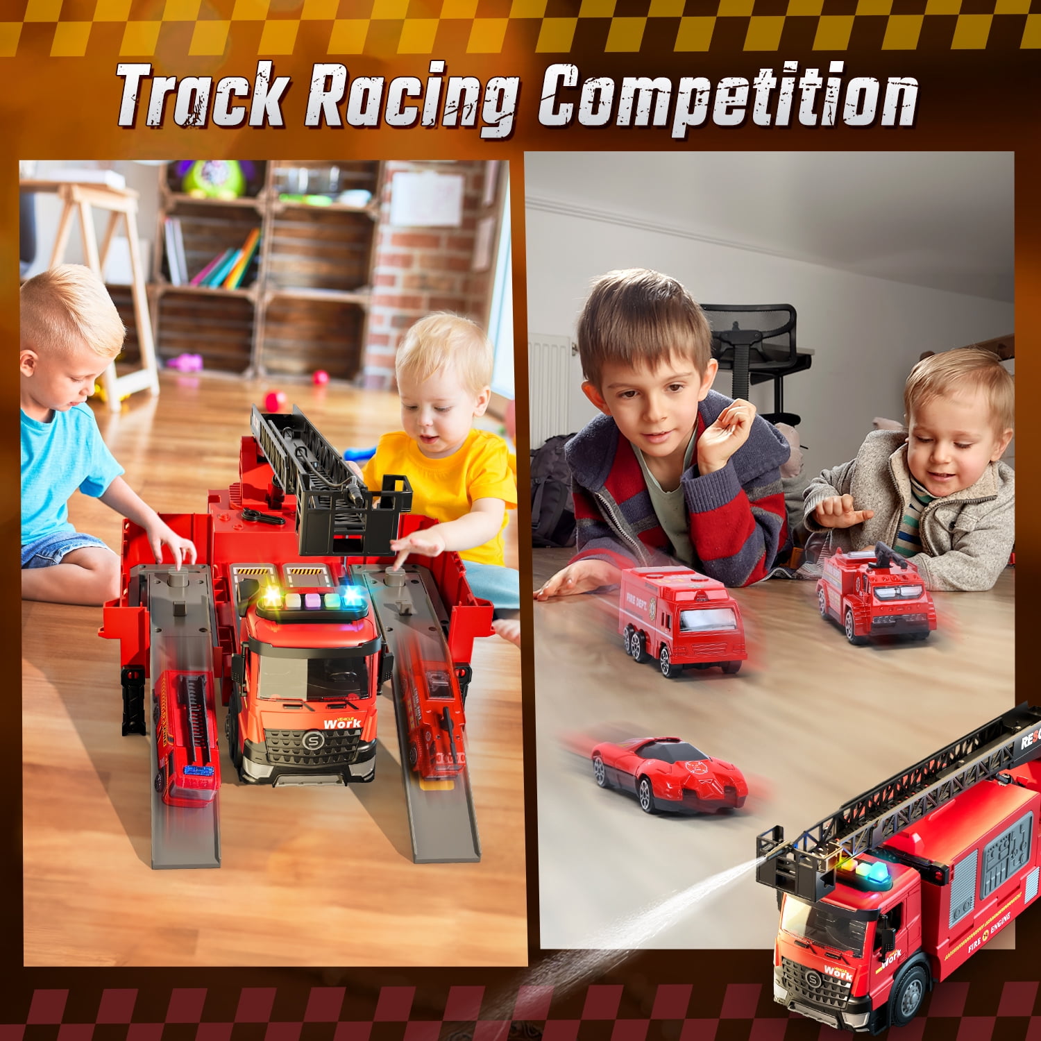 WonderStone Kids Fire Truck Toys, Alloy Deformable Cars with Light & Sound/ Extendable Aerial Ladder/ Working Water Pump, Fire Engine for 3-7 Years Old Boys Thanksgiving Christmas Birthday Gifts