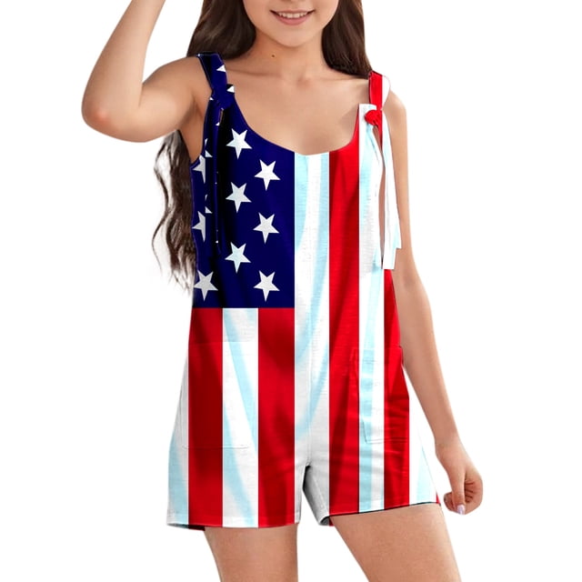 Girls' Casual Comfortable And Breathable Independence Day Print Jumpsuit